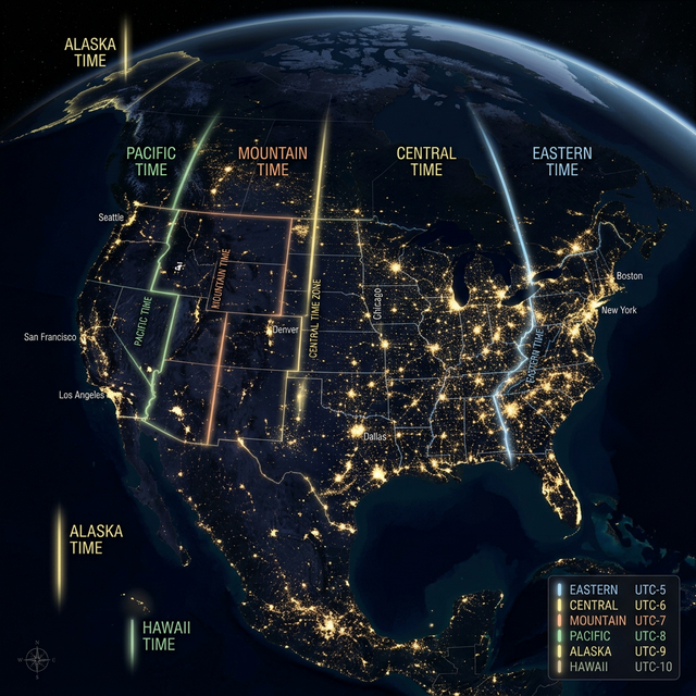 Map of the United States showing Time Zone Divisions